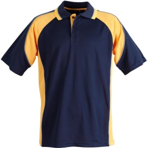 A navy and yellow men's polo shirt featuring a logo on the chest and short sleeves.