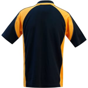 A polo shirt featuring a black and gold colour scheme and a logo on the back.