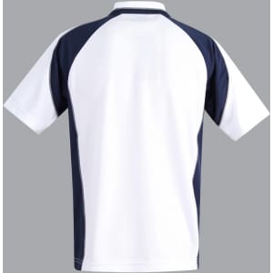 Men's polo shirt featuring a white body with navy blue sleeves and a logo. Back view shown.