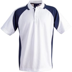 A men's polo shirt featuring a white body with navy blue accents and a logo on the chest.