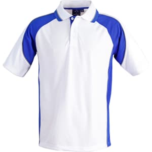 A men's polo shirt in white with blue accents and a logo. Suitable for casual or active wear.