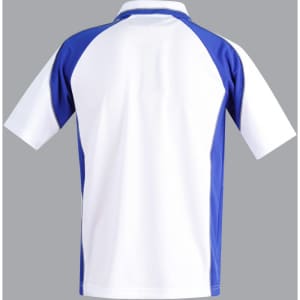A short-sleeved men's polo shirt in white with blue sleeves and side accents. It features a logo on the upper left.