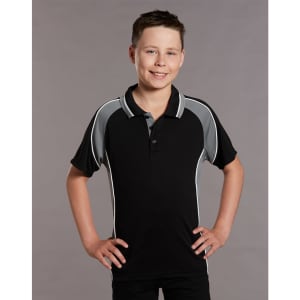 A black kids' polo shirt with grey accents, featuring a collar and short sleeves, has a logo on it.