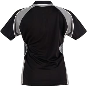 A black polo shirt with grey accents, featuring a logo on the collar and a sporty design.