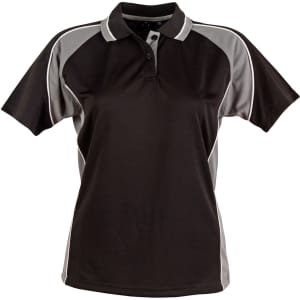 A black and grey ladies’ polo shirt with short sleeves and a collar, featuring a logo.