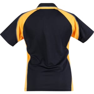 A navy and gold ladies' polo shirt with a sporty design and a prominent logo on the back.
