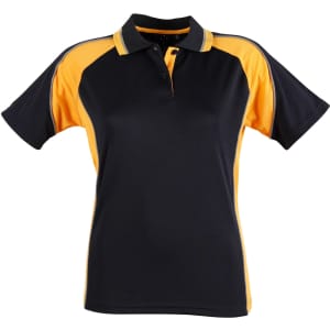 A black and yellow ladies' polo shirt with a collar and short sleeves, featuring a logo on the chest.