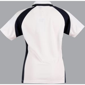 A white and navy polo shirt with a sporty design and a logo on the back.
