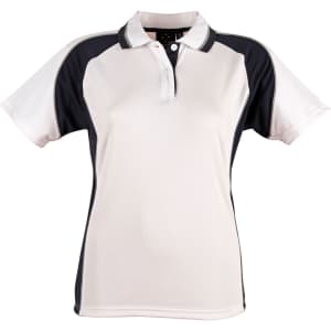 A ladies' polo shirt in white with black accents, featuring a collar and a logo on the front.