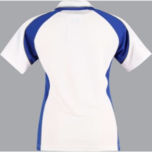 A polo shirt in blue and white with a logo, featuring a classic collar and short sleeves.