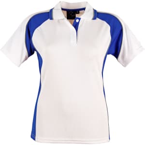 A ladies' polo shirt in white and blue, featuring a classic collar and short sleeves. It includes a logo.