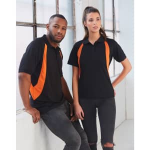 A black polo shirt with orange accents, featuring a logo, displayed on a male and female model.