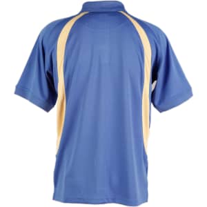 A blue polo shirt with yellow side panels and a collar, featuring branding on the back.
