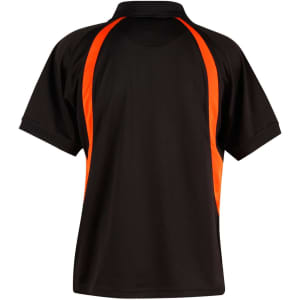 A black polo shirt featuring orange accent stripes, designed as a men's sporting garment. It includes a collar and has a logo.