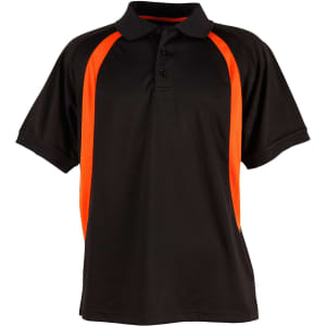 A black polo shirt featuring orange side panels and a collar, with a logo on the front.