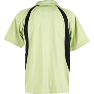 A light green men's polo shirt featuring black side panels and a collar, with a branding logo.