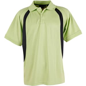 A green polo shirt with black side panels, featuring a collar and short sleeves, includes a logo on the chest.