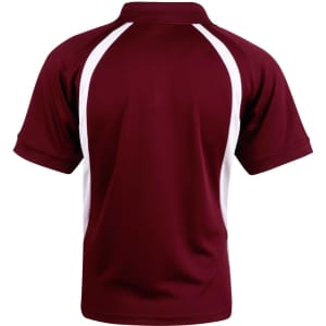 A maroon polo shirt with white side panels and a collar. It features a logo.