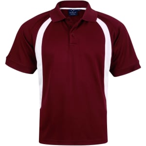 A maroon polo shirt with white side panels and a collar, featuring a logo on the front.