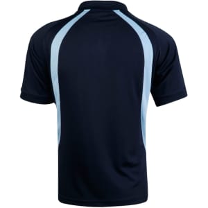A navy blue polo shirt with light blue accents and a logo on the back. Features a classic collar and short sleeves.