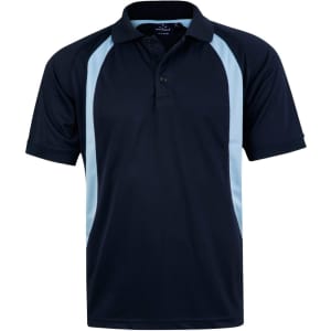 A navy blue polo shirt with light blue side panels and a collar, featuring a logo on the chest.