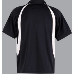 A black polo shirt with white accents and a logo. It features a classic collar and short sleeves.