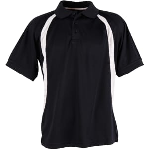 A black polo shirt with white side accents and a collar, featuring buttons and short sleeves.