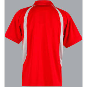 A red men's polo shirt with white side panels and a collar. It features a branding logo.