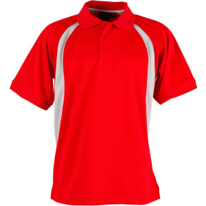 A red polo shirt featuring white side panel accents and a collar. The shirt includes a logo on the chest area.