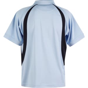 A light blue polo shirt with black side panels and a collar. Features a logo on the design.