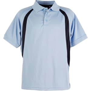 A light blue polo shirt featuring black side panels and a collar, with a logo on the chest.