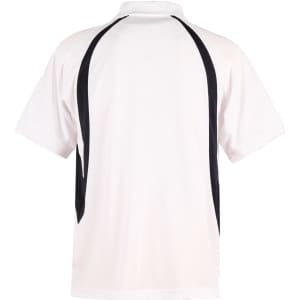 A white polo shirt featuring black side panels and a collar. The back has a logo prominently displayed.