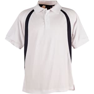 A men's polo shirt in cream with black side panels and a collar, featuring a logo.