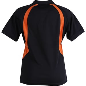 A black polo shirt featuring orange accents on the sides and a collar. The back view is displayed.