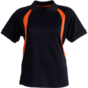 A black polo shirt with orange accents and a collar, featuring a logo on the chest.