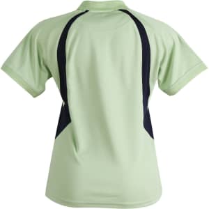 A light green polo shirt with dark navy accents on the back, featuring a logo.