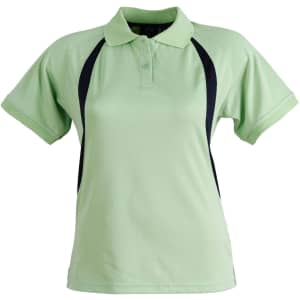 A light green polo shirt with dark blue side panels, featuring a collar and short sleeves, includes a logo.
