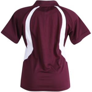 A maroon polo shirt featuring white accent panels and a collar. The shirt has a logo on the back.