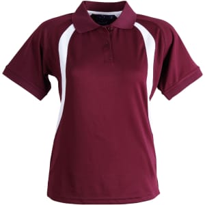 A burgundy ladies' polo shirt with white side panels and a collar, featuring a logo.