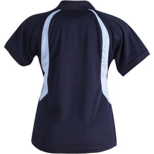 A navy polo shirt with light blue panel detailing, featuring a collar and short sleeves. It has a logo on the front.