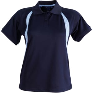 A navy blue polo shirt for ladies, featuring light blue accents and a collar. It has a logo on the chest.
