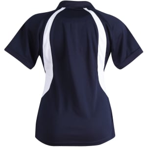 A navy blue ladies' polo shirt featuring white accents and a logo on the upper back.