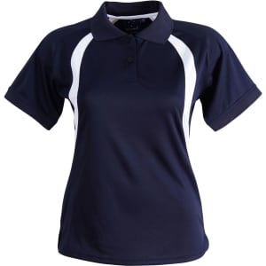 A navy polo shirt with white accent stripes and a collar, featuring a logo on the chest area.