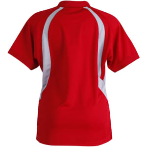 A red polo shirt featuring white accents and a branded logo on the back.