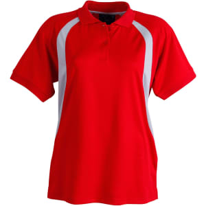 A red polo shirt with white accents and a collar, featuring short sleeves and a logo.