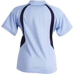 A light blue ladies' polo shirt featuring navy accents and short sleeves, with a logo on the back.