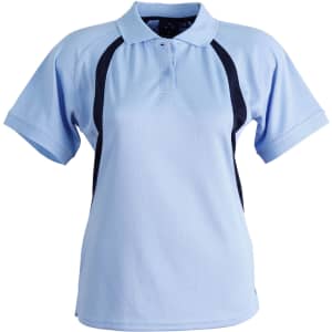 A light blue ladies' polo shirt with black side panels and a collar, featuring a logo on the front.