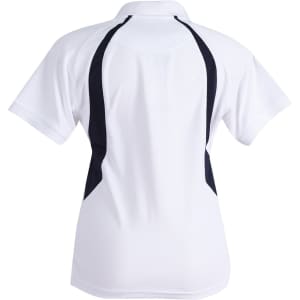 A white polo shirt with black side panels and a collar, featuring a logo on the back.
