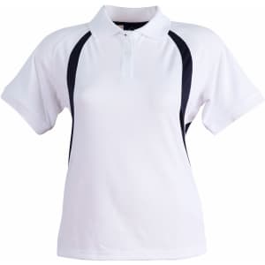 A white polo shirt with black side panels and a collar, featuring a logo on the chest area.