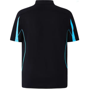 A black polo shirt featuring blue accents and a logo, designed with a short sleeve and mesh detail.